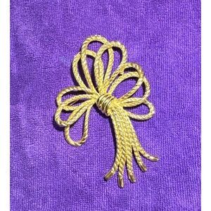 Vintage Gold Tone Bow‎ Brooch with Dangles Textured Rope Mid Century Pin